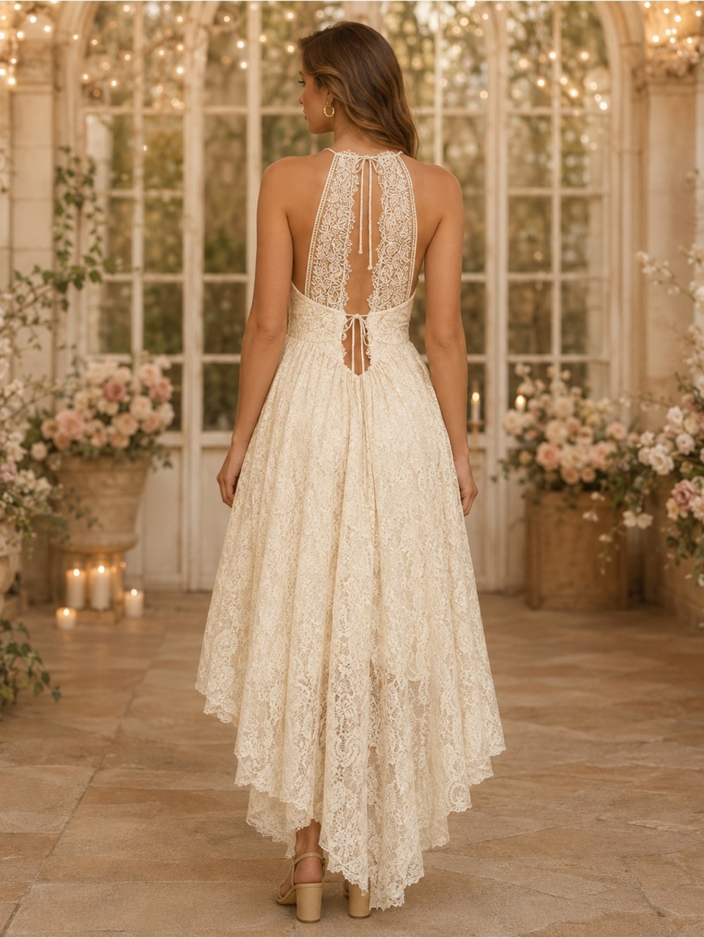 Joyfolie Marline Dress Cream Lace High-Low Halter Open Back Women’s Size Small - Picture 12 of 12